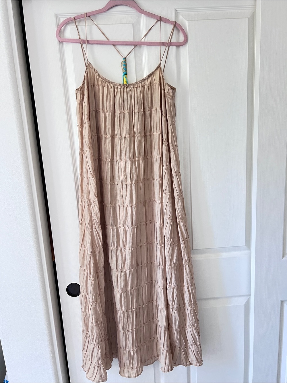 Zara Beige Crinkle Maxi Dress with Thin Straps